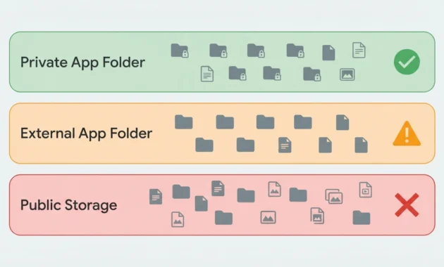 Diagram showing three Android storage layers explaining why uninstalling an app does not delete all leftover data from the device

