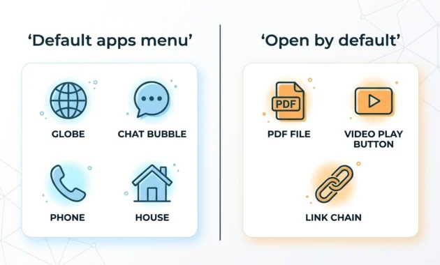 Diagram comparing the two Android default app systems: the Default apps menu and per-app Open by default