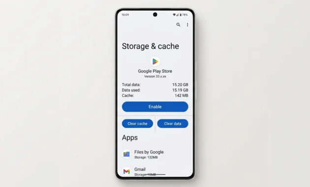 Android Settings screen showing Google Play Store storage section with Clear Cache and Clear Data buttons visible at bottom