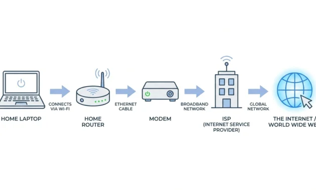 Diagram showing device to router to modem to ISP connection chain for no internet access