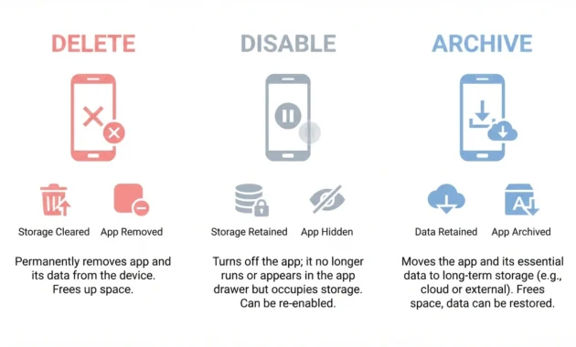 Diagram comparing three Android app removal methods: Delete, Disable, and Archive, showing storage and data outcomes for each option

