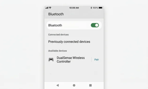 Android Bluetooth settings showing DualSense Wireless Controller in available devices ready to pair