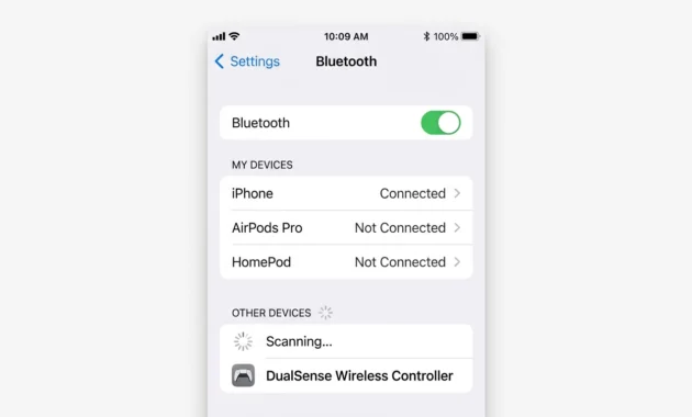 iPhone Bluetooth settings screen showing DualSense Wireless Controller ready to pair under Other Devices