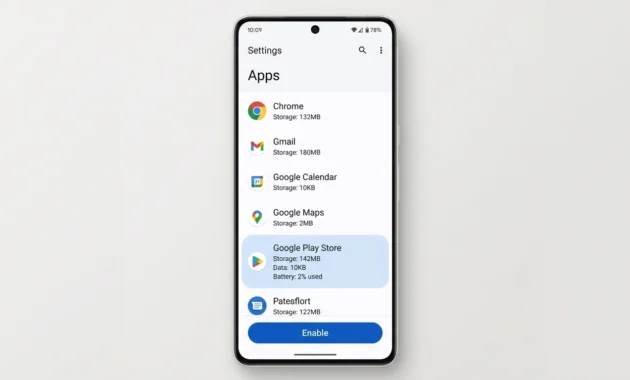 Android Settings screen showing Apps list with Google Play Store selected and Enable button visible at bottom