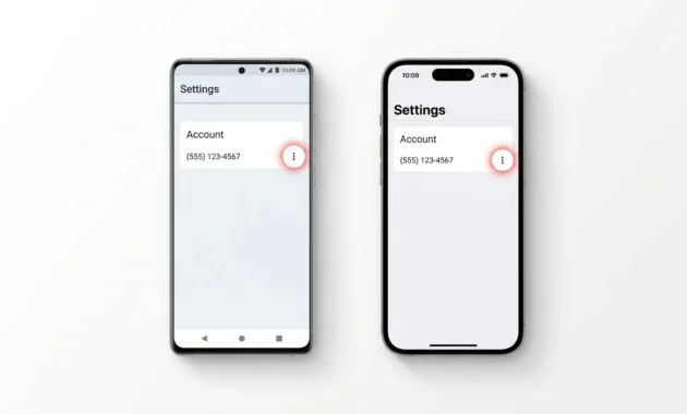 Google Voice app settings on Android and iPhone showing three dot menu next to phone number for deletion
