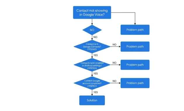 Troubleshooting flowchart showing four common reasons Google Voice contacts don't appear and how to diagnose each issue