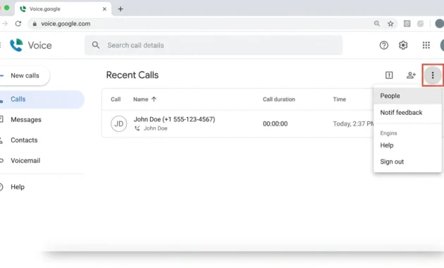 Voice.google.com desktop interface showing three dots menu with People option to add contact from call history