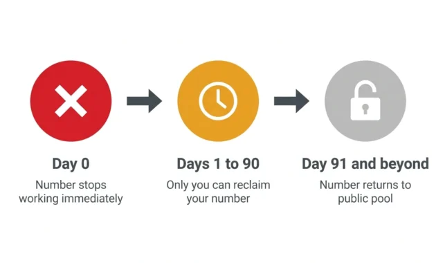 Timeline showing what happens after deleting a Google Voice number including the 90 day reclaim window before permanent release