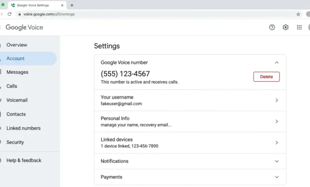 Google Voice settings page on desktop showing the Account tab with delete button next to the Google Voice number
