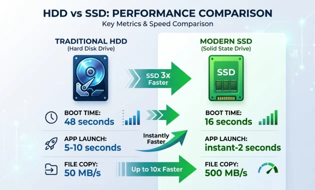 Infographic comparing HDD and SSD performance showing boot time difference of 48 seconds versus 16 seconds and application launch speed improvements

