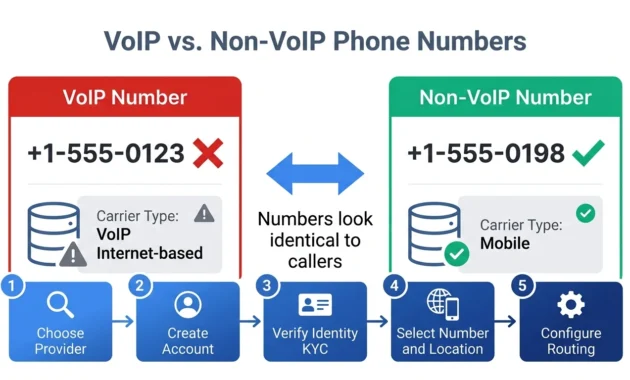 Flowchart showing 5-step process for how to get a virtual phone number from choosing provider to configuring call routing