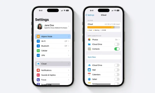iPhone Settings showing iCloud contacts toggle enabled and storage usage meter indicating available space for contact backup