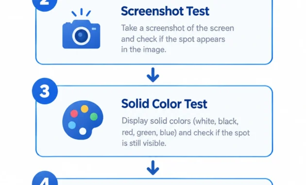 Flowchart showing four diagnostic tests to identify the type of black spot on a laptop screen from tilt test to external monitor test

