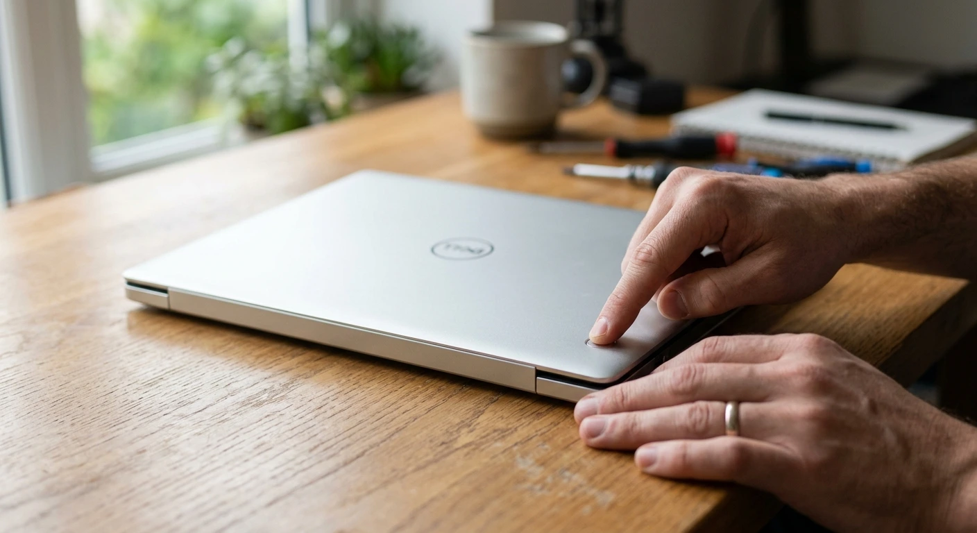 Hands performing laptop hard reset by pressing and holding power button with no cables connected

