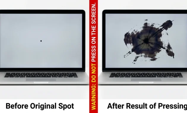 Before and after comparison showing a small black spot on a laptop screen that spread into a large dark blotch after pressure was applied

