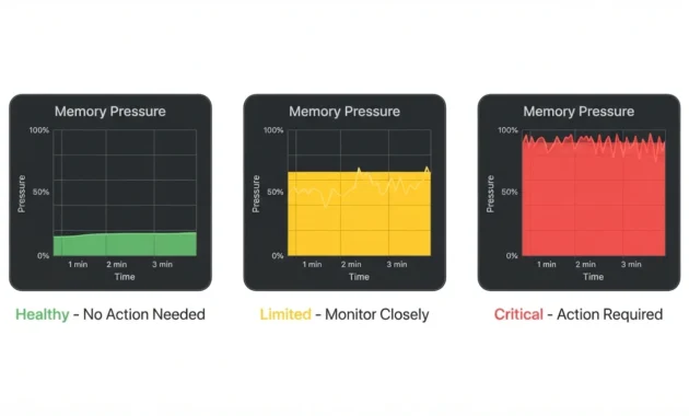 Side-by-side comparison of three Memory Pressure states on Mac: green for healthy, yellow for limited, red for critical RAM usage
