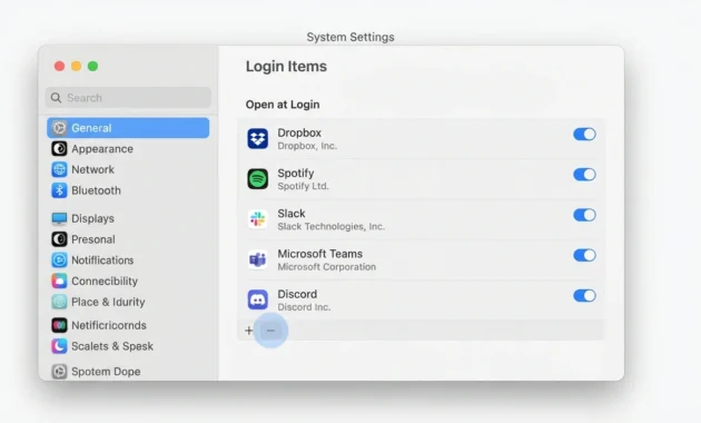 macOS System Settings showing Login Items panel where users can remove apps that launch automatically at Mac startup
