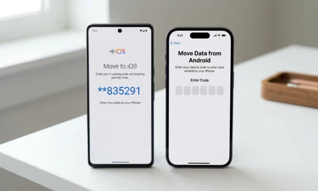Android phone showing Move to iOS pairing code next to iPhone displaying code entry screen during contact transfer setup