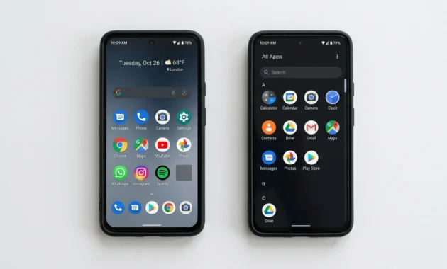 Two Android phones showing empty home screen where Play Store icon was removed and app drawer with Play Store icon visible