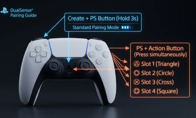 Diagram showing PS5 controller multi-device pairing slots with button combinations for Triangle, Circle, Cross, and Square