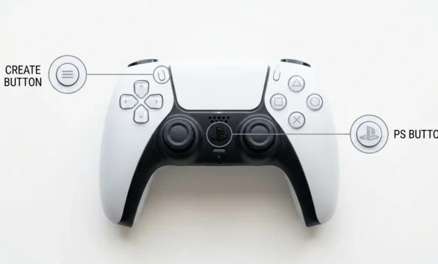 Annotated PS5 controller showing location of PS button and Create button used for pairing mode