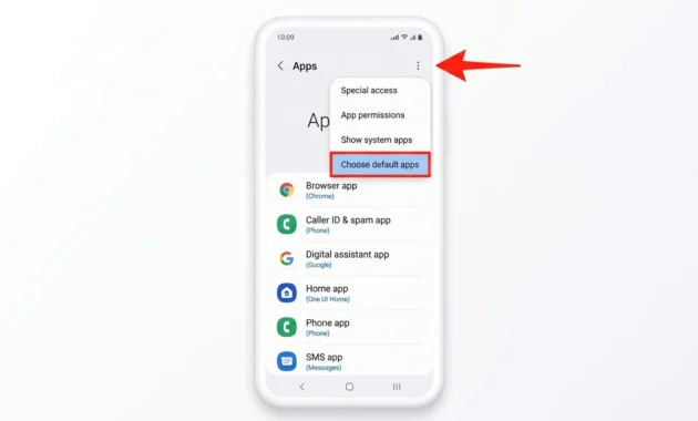 Samsung Galaxy Apps screen with the three-dot menu open and Choose default apps option highlighted