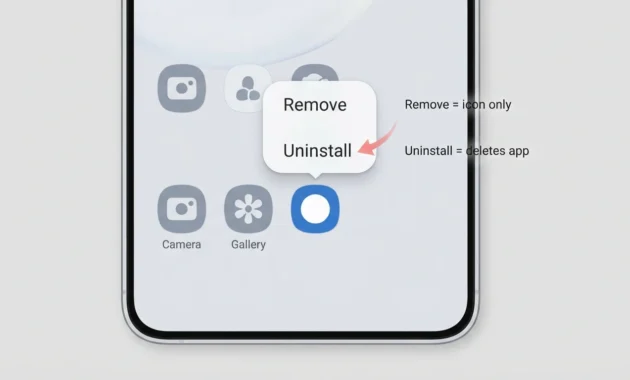 Samsung Galaxy phone screen showing long-press menu with Remove and Uninstall options, highlighting that Uninstall is needed to fully delete apps on Samsung

