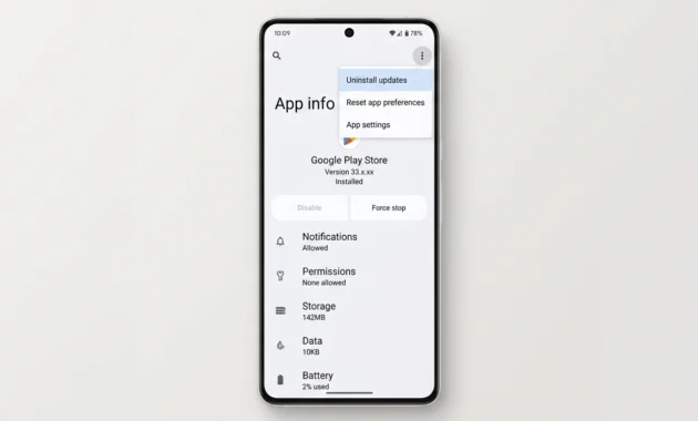 Android Settings screen showing Google Play Store app info page with three dot menu open and Uninstall Updates option highlighted