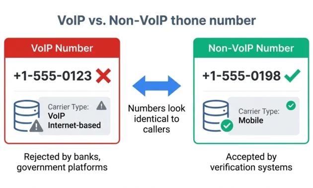 Comparison diagram showing difference between VoIP and non-VoIP virtual phone numbers and how verification systems detect carrier classification