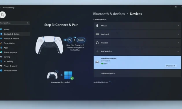 Windows 11 Bluetooth settings screenshot with Wireless Controller listed in available devices for PS5 DualSense pairing