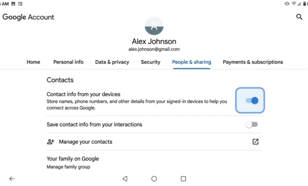 Android Google Account People & sharing screen with the Contact info from your devices toggle switched on