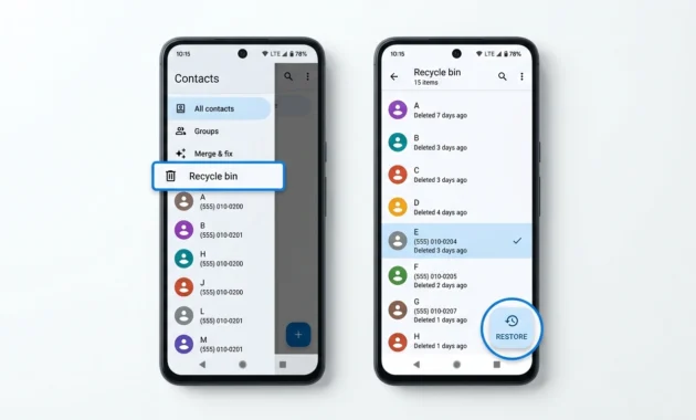 Android Contacts app Recycle bin screen with a deleted contact selected and the Restore button highlighted