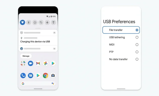 Android USB preferences screen with File transfer selected so the phone appears in File Explorer on a laptop