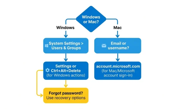 Flowchart showing how to change the laptop password based on Windows or Mac, account type, and forgotten password
