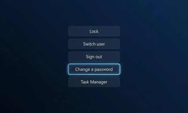 Windows Ctrl+Alt+Delete security screen with the Change a password option highlighted for local accounts