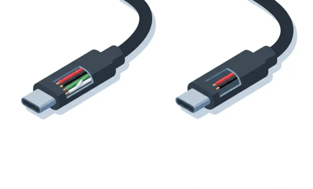 Cutaway diagram of two identical USB cables, one with data wires for file transfer and one with power wires only