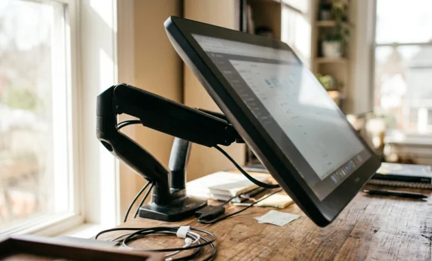  Dell touch screen monitor tilted nearly flat on its articulating stand like a drafting table