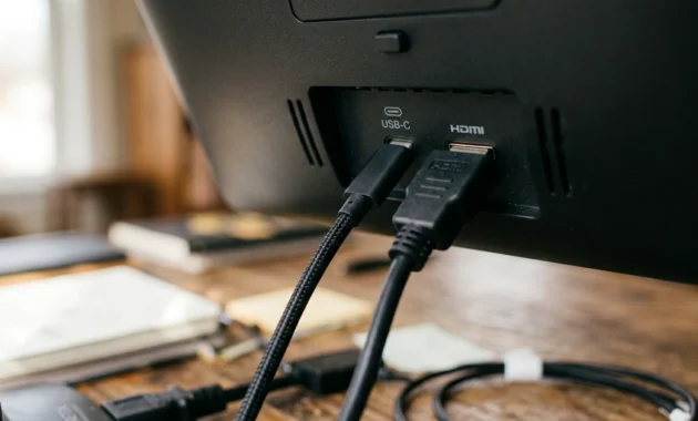  Close-up of a USB-C cable and video cable both connected to the back of a touch screen monitor