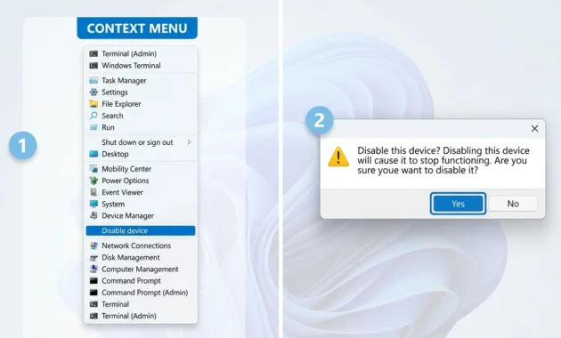 Right-click menu on HID-compliant touch screen with Disable device selected, plus the confirmation prompt