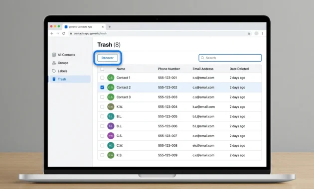 Google Contacts website with Trash selected in the left panel and the Recover button highlighted at the top