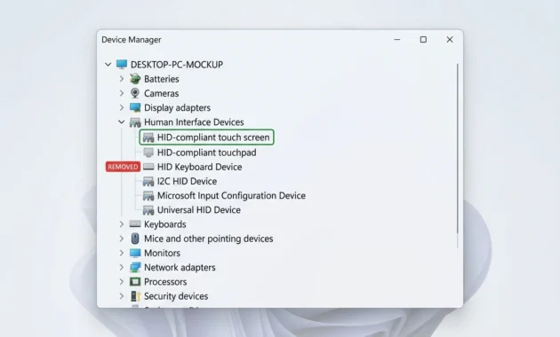 Device Manager with Human Interface Devices expanded and HID-compliant touch screen highlighted on a Lenovo laptop