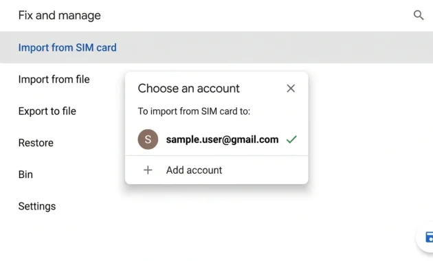 Android Contacts app Fix & Manage menu with Import from SIM card option and Google account as destination