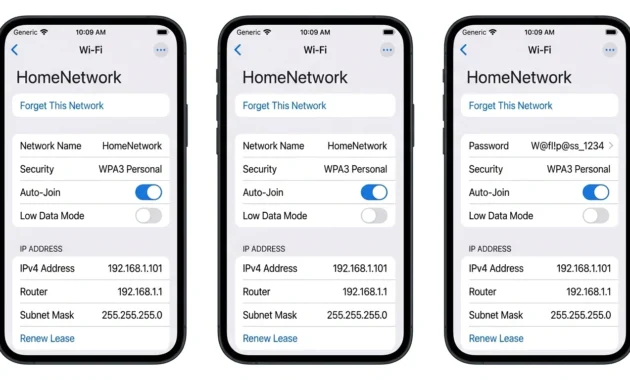 iPhone Settings Wi-Fi network details screen with the Password field tapped to reveal the saved WiFi password