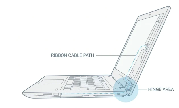  Diagram showing how a laptop display ribbon cable runs through the hinge from motherboard to screen
