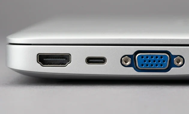 Close-up of laptop ports used to connect a projector: HDMI, USB-C and VGA shown side by side