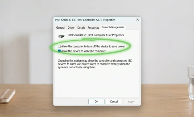 Power Management tab for Intel Serial IO I2C Host Controller with the allow computer to turn off box unchecked