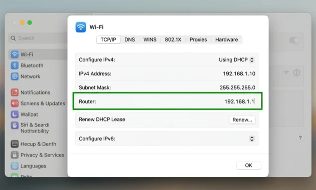 Mac System Settings TCP/IP tab with the Router field highlighted showing your home router IP address