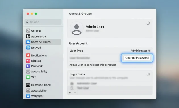 macOS System Settings Users & Groups window showing the Change Password button for the current user account