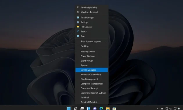 Windows right-click Start menu with Device Manager highlighted, the first step to turn off Lenovo touch screen