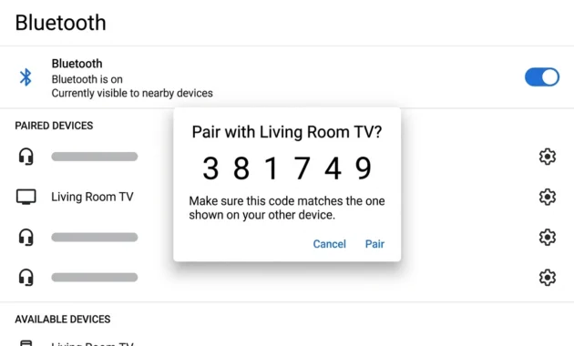 Android phone Bluetooth settings listing a nearby TV under available devices with a pairing code request on screen